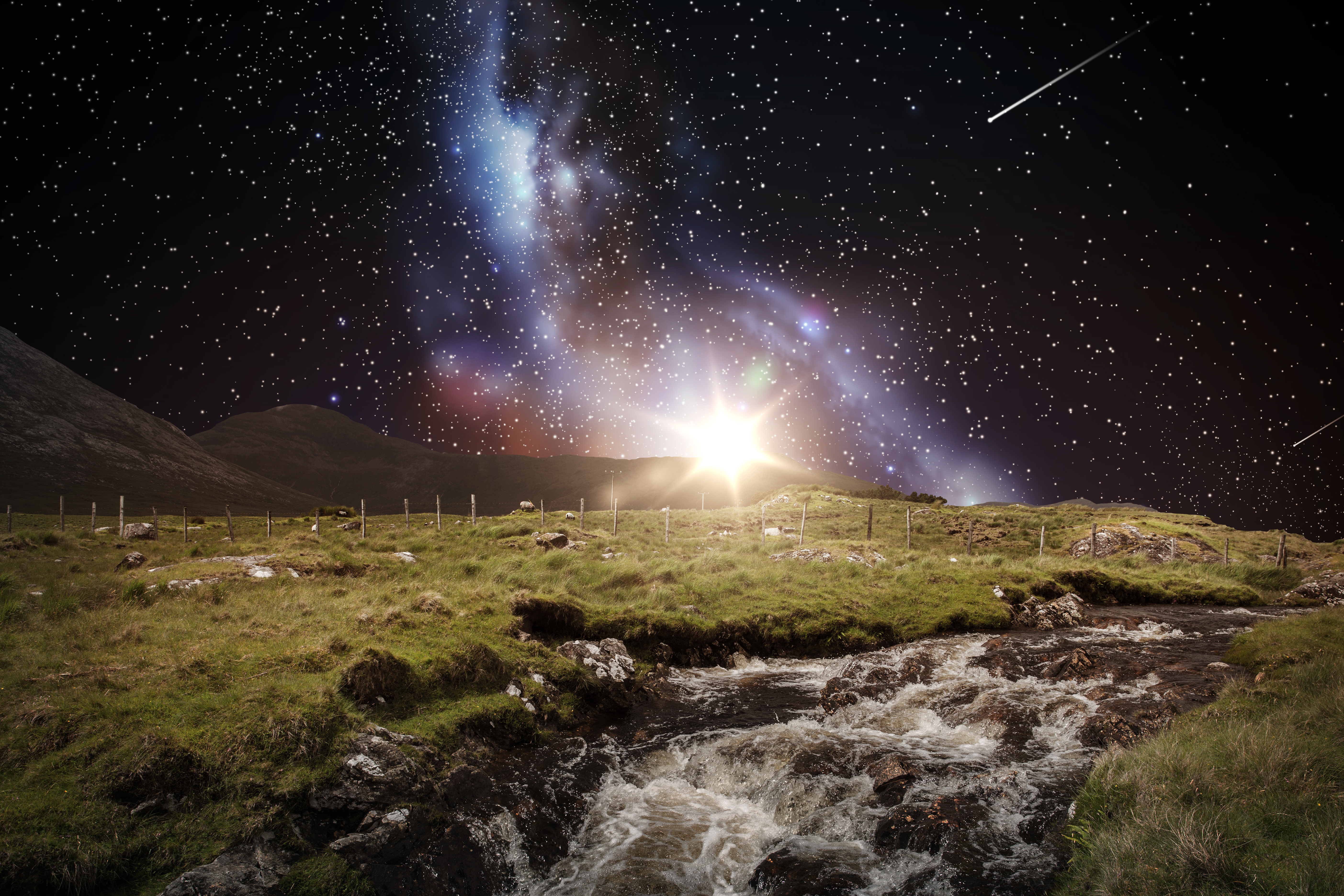 landscape over space and galaxy in night sky